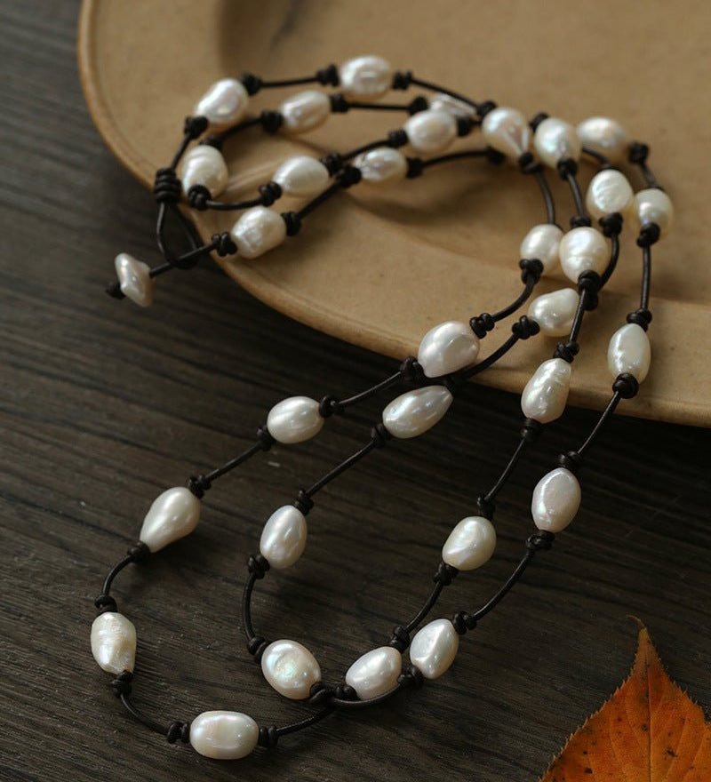 Niche Long Knotted Leather Pearl Long Necklace - floysun