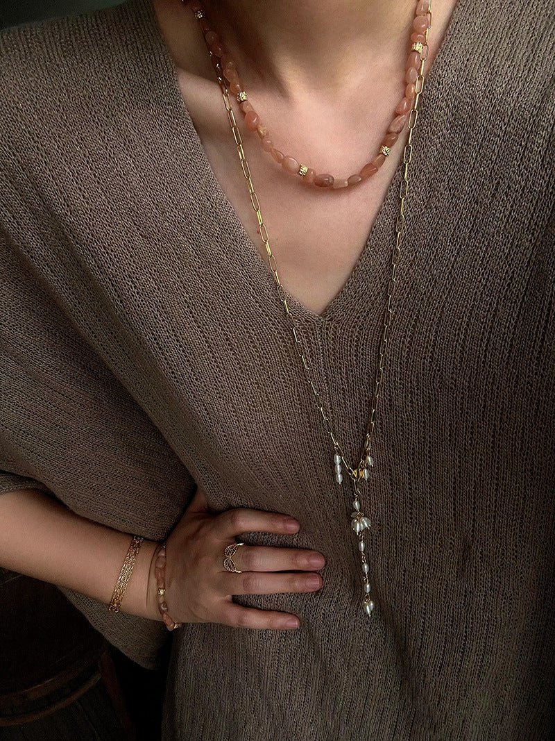 Niche Summer Beach Style Natural Sunstone Aventurine Beaded Necklace - floysun