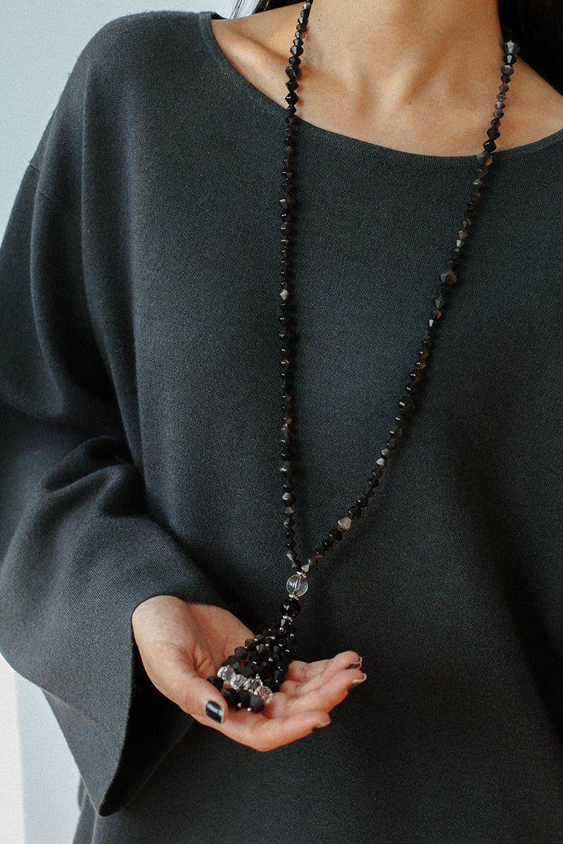 Obsidian & White Crystal Tassel Long Necklace - floysun