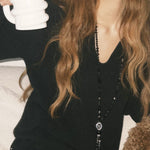 Obsidian & White Crystal Tassel Long Necklace - floysun