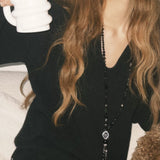 Obsidian & White Crystal Tassel Long Necklace - floysun