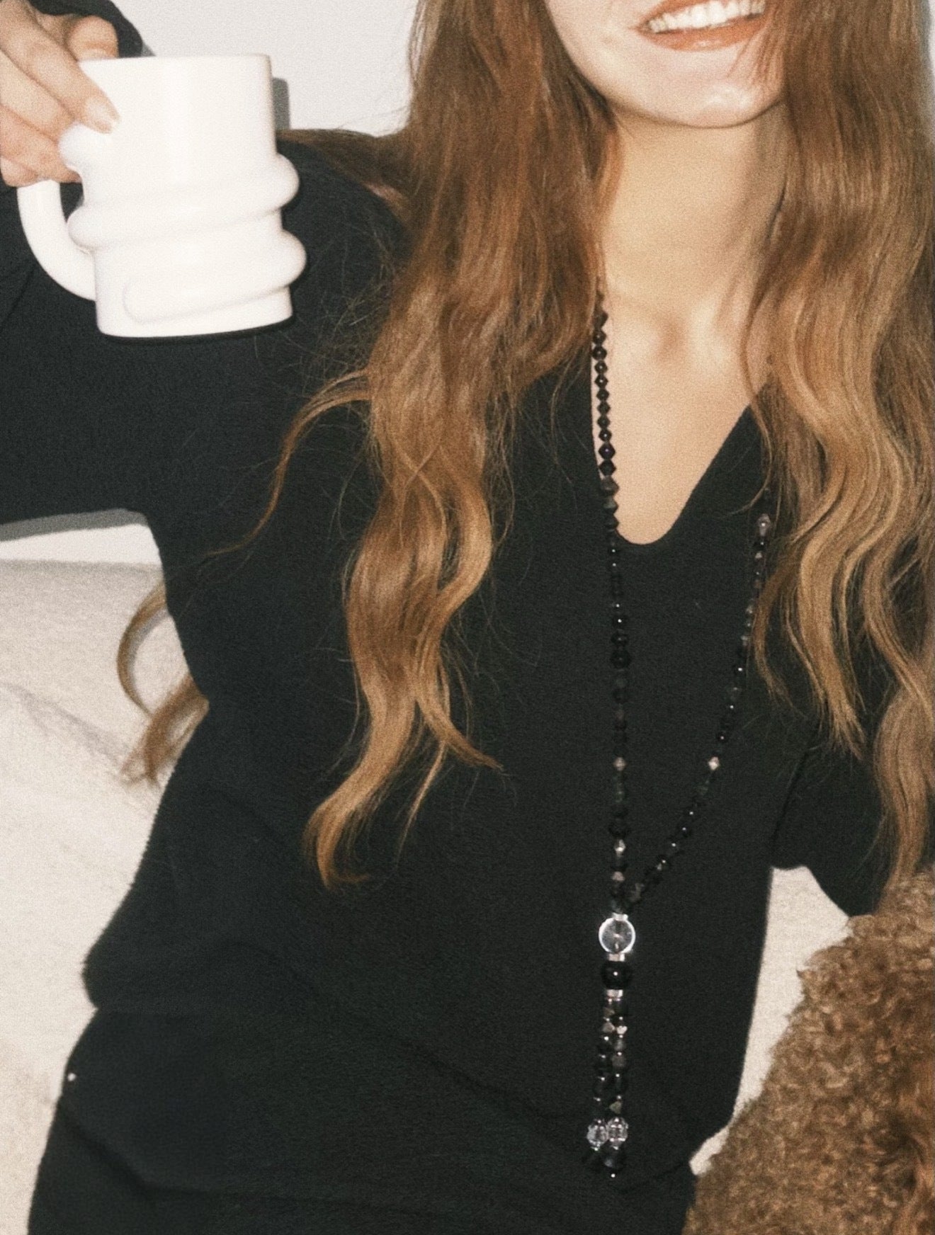 Obsidian & White Crystal Tassel Long Necklace - floysun