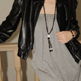 Obsidian & White Crystal Tassel Long Necklace - floysun