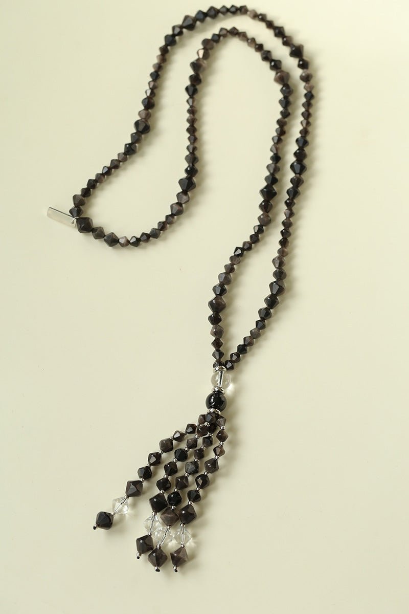 Obsidian & White Crystal Tassel Long Necklace - floysun