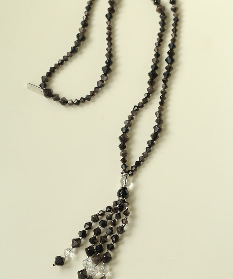 Obsidian & White Crystal Tassel Long Necklace - floysun