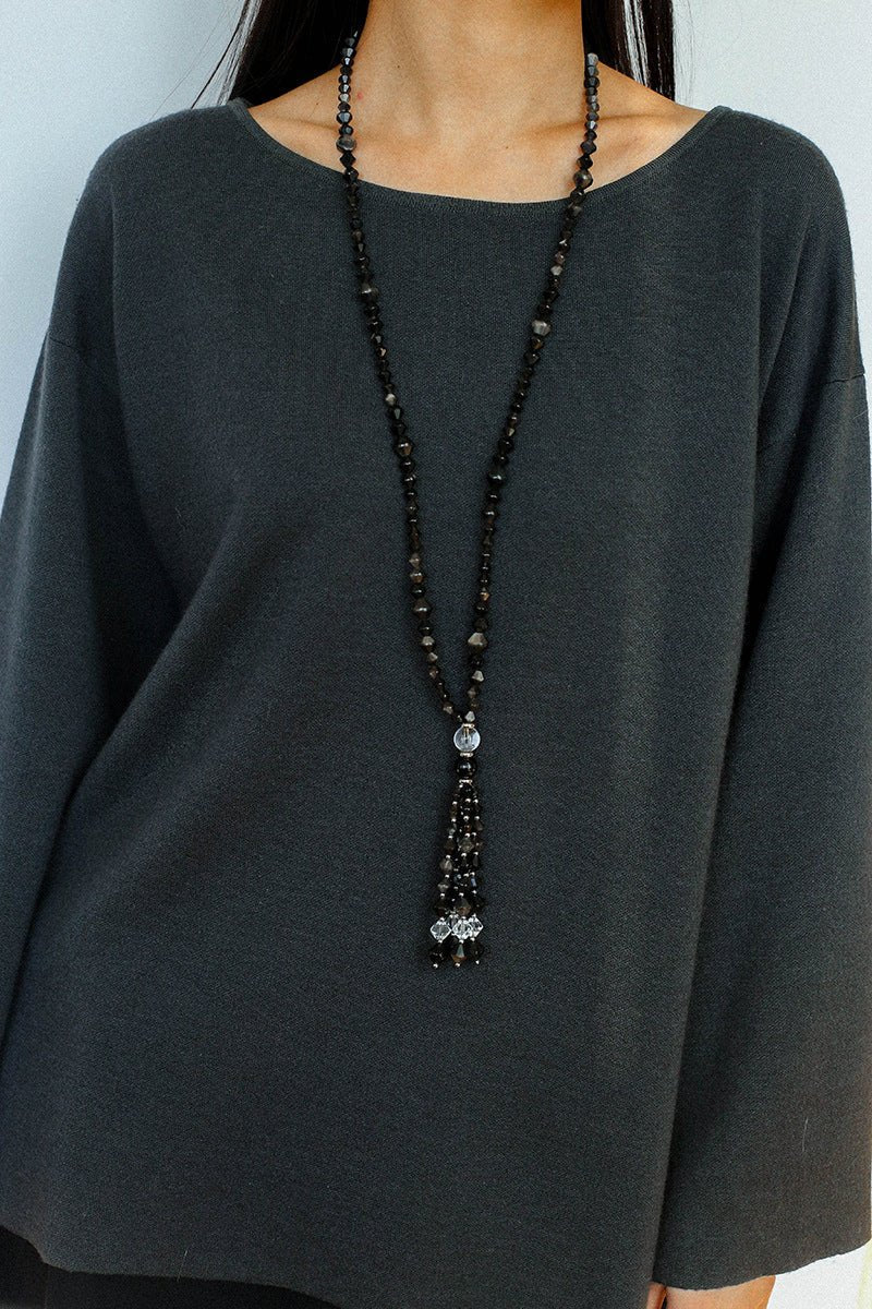 Obsidian & White Crystal Tassel Long Necklace - floysun