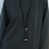 Obsidian & White Crystal Tassel Long Necklace - floysun