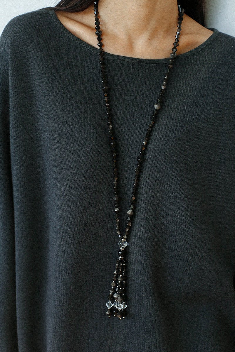 Obsidian & White Crystal Tassel Long Necklace - floysun