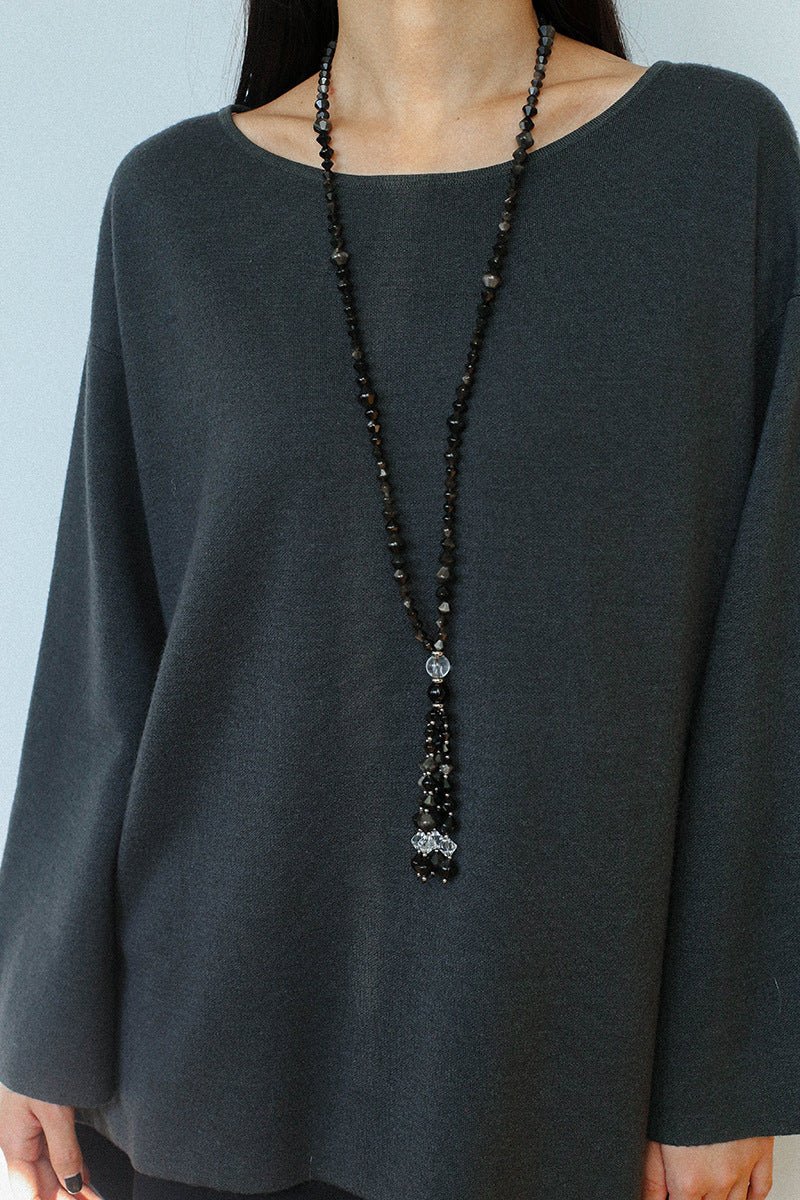Obsidian & White Crystal Tassel Long Necklace - floysun