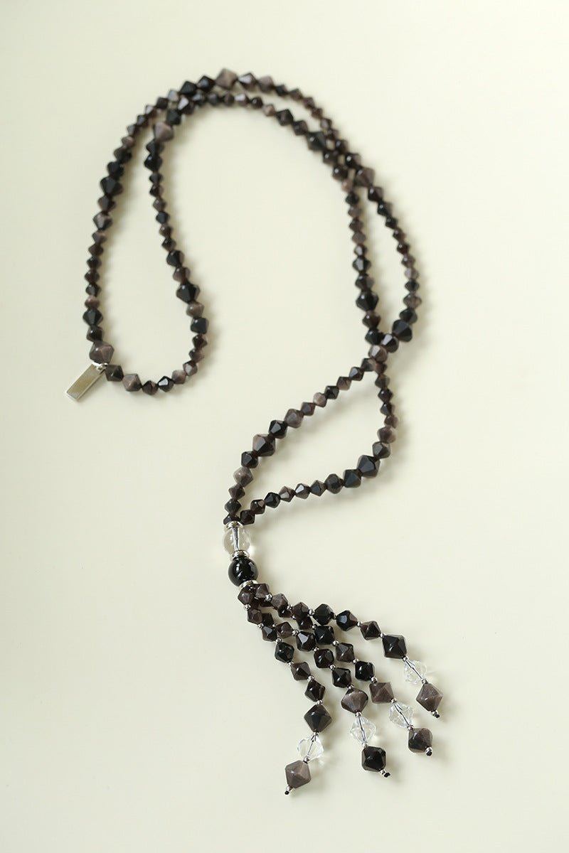 Obsidian & White Crystal Tassel Long Necklace - floysun