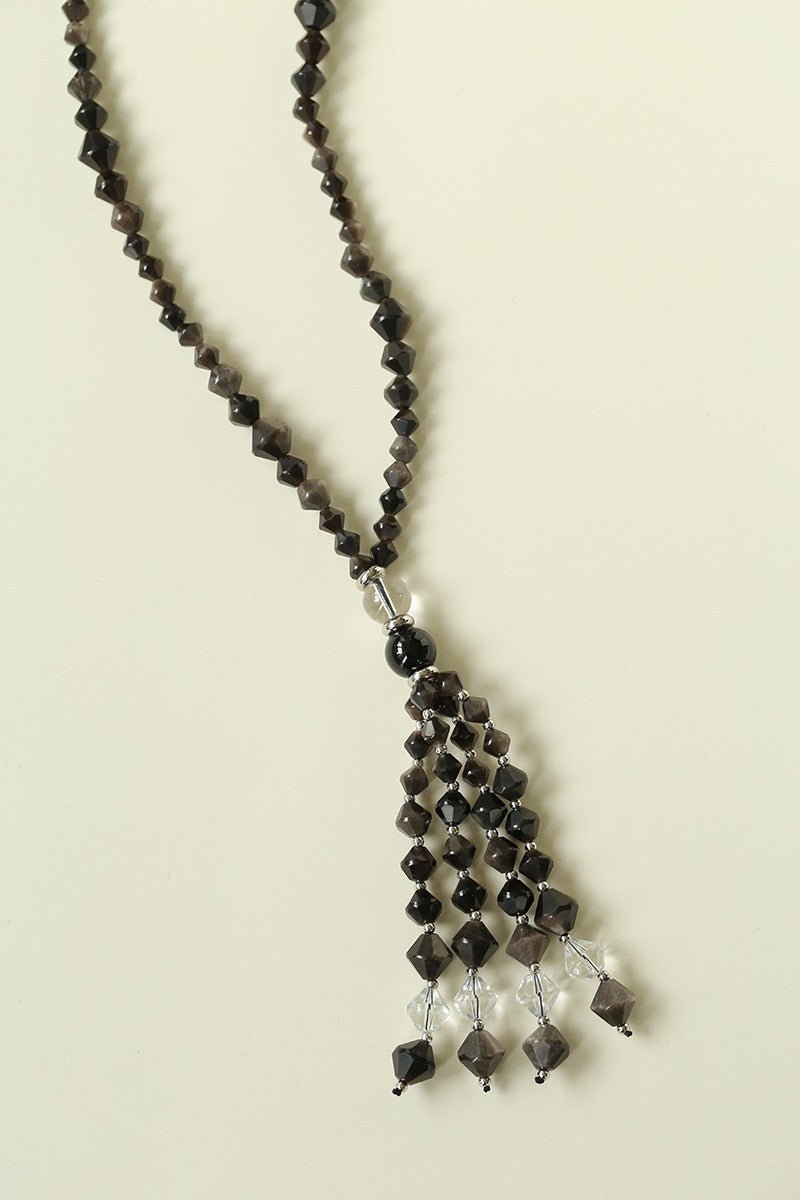 Obsidian & White Crystal Tassel Long Necklace - floysun