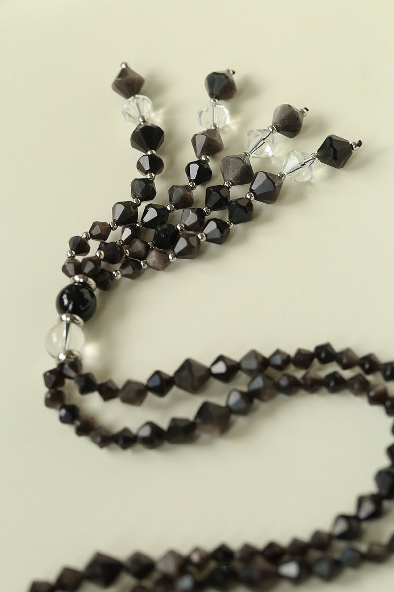 Obsidian & White Crystal Tassel Long Necklace - floysun