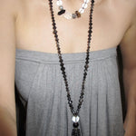 Obsidian & White Crystal Tassel Long Necklace - floysun
