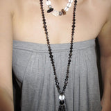 Obsidian & White Crystal Tassel Long Necklace - floysun