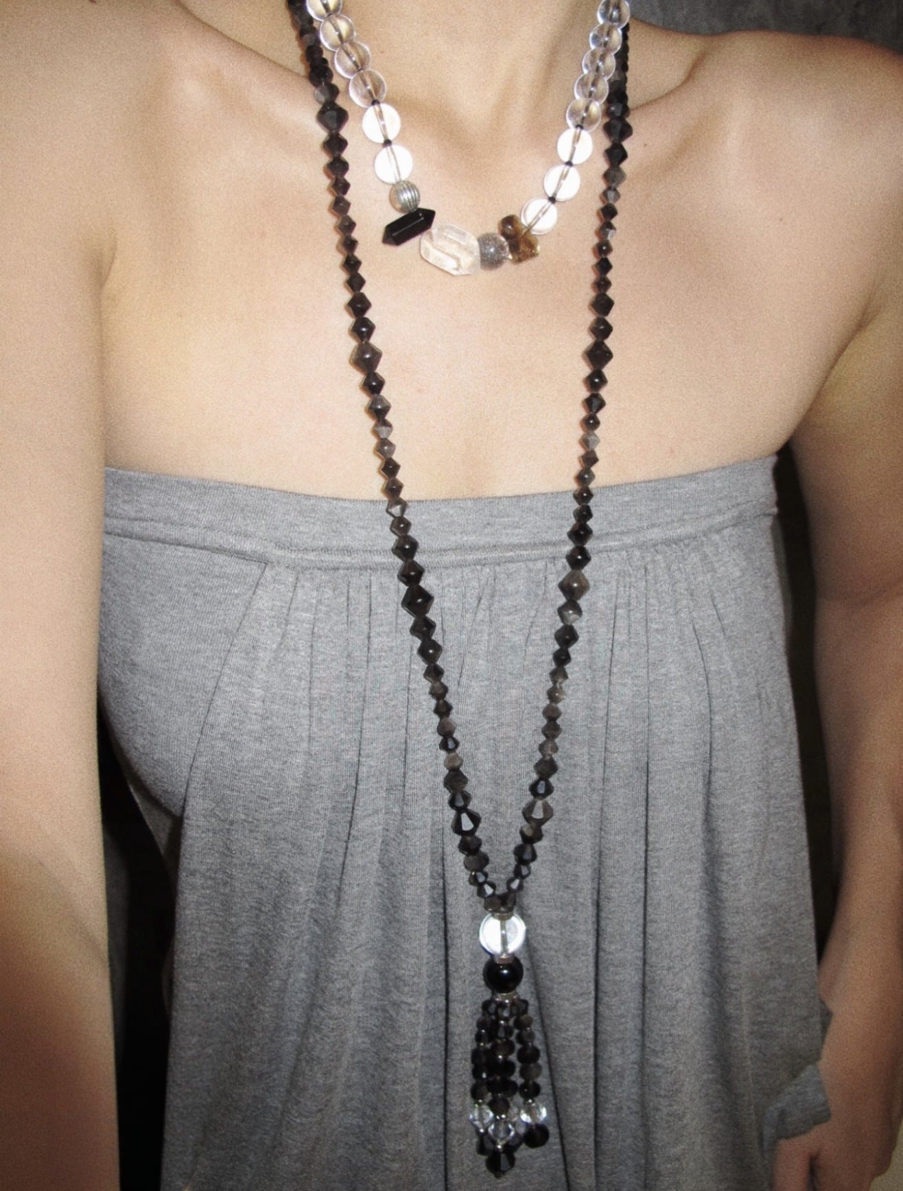 Obsidian & White Crystal Tassel Long Necklace - floysun