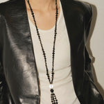 Obsidian & White Crystal Tassel Long Necklace - floysun