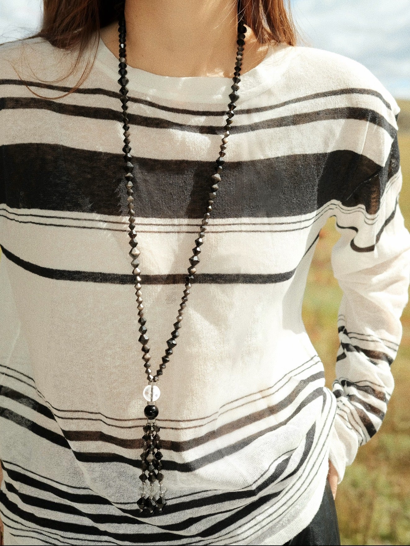 Obsidian & White Crystal Tassel Long Necklace - floysun