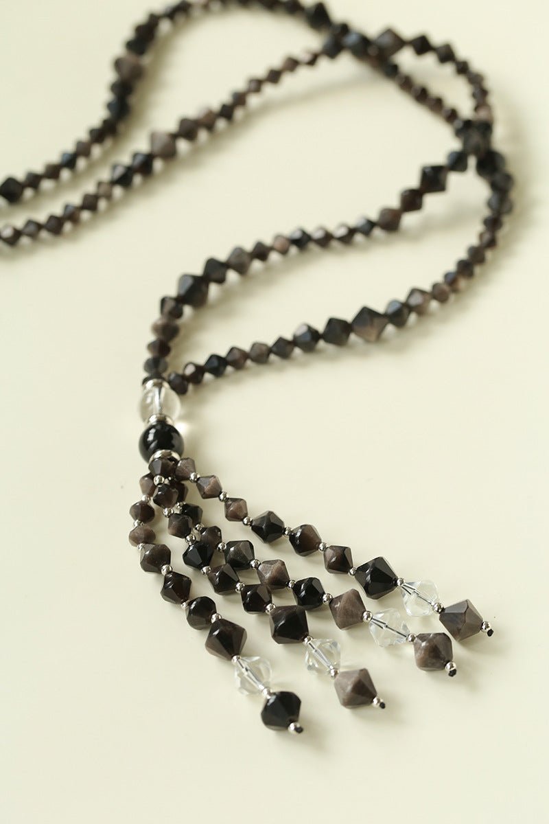 Obsidian & White Crystal Tassel Long Necklace - floysun
