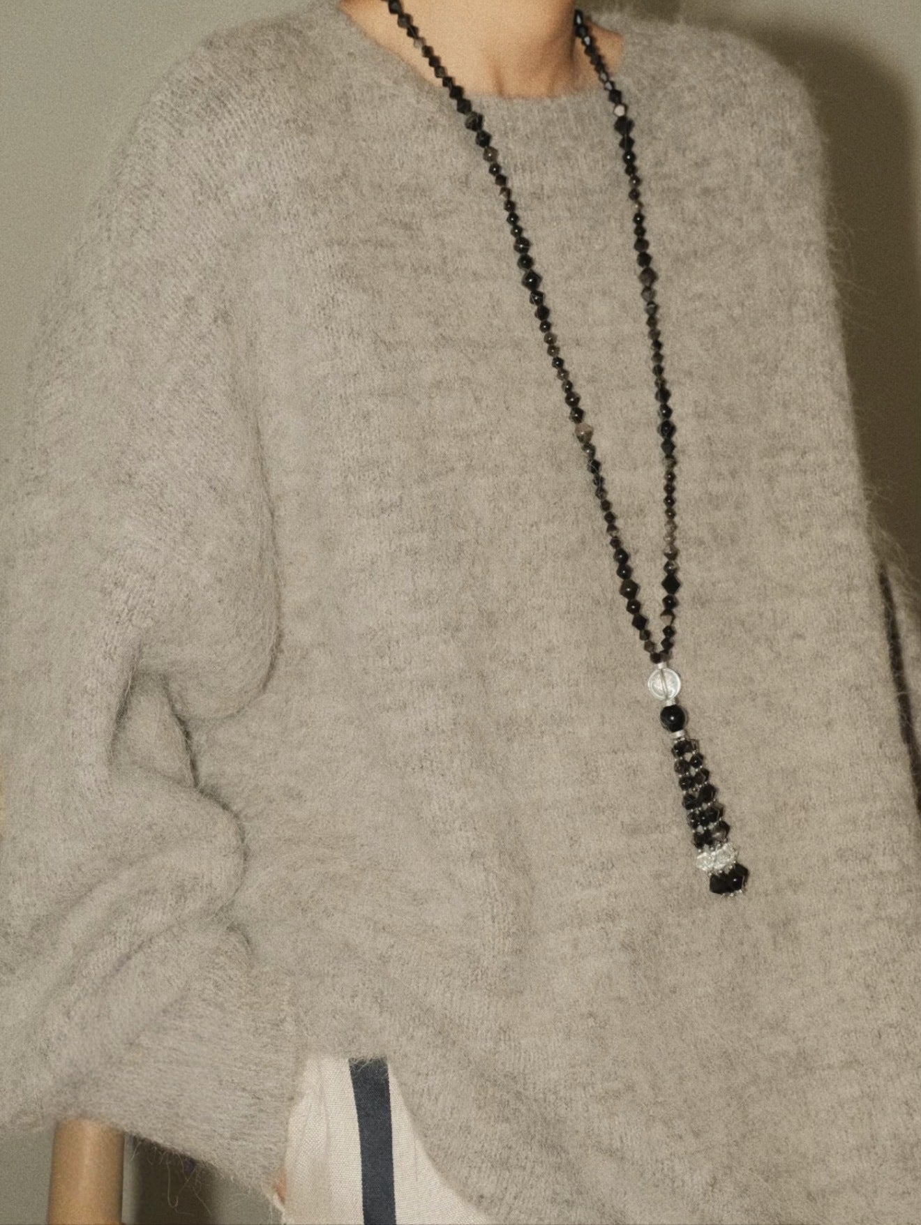 Obsidian & White Crystal Tassel Long Necklace - floysun