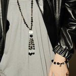 Obsidian & White Crystal Tassel Long Necklace - floysun