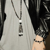 Obsidian & White Crystal Tassel Long Necklace - floysun