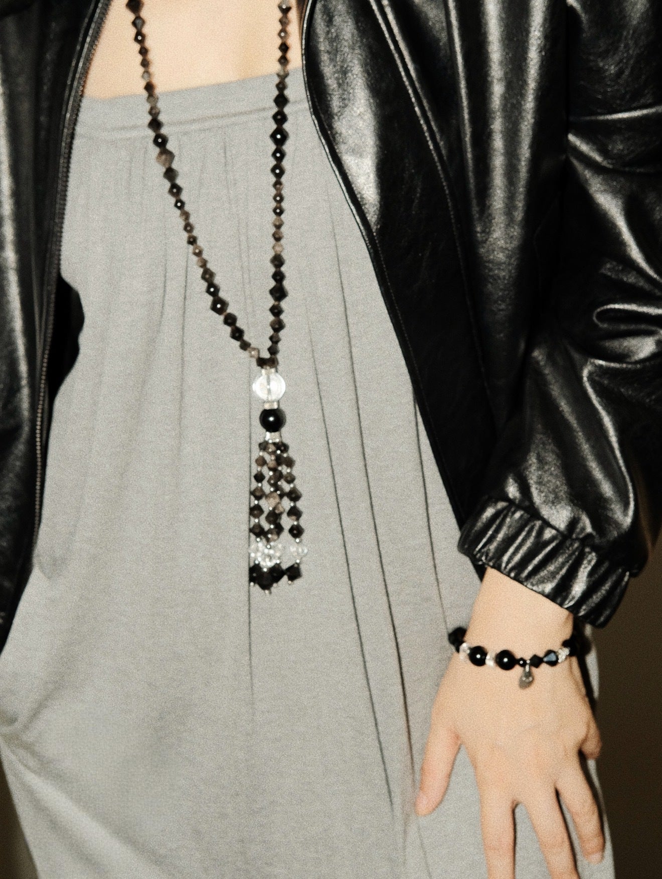 Obsidian & White Crystal Tassel Long Necklace - floysun