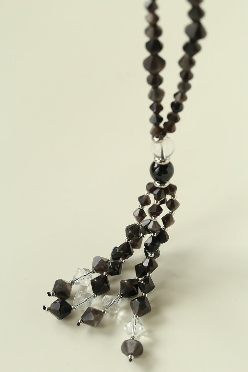 Obsidian & White Crystal Tassel Long Necklace - floysun