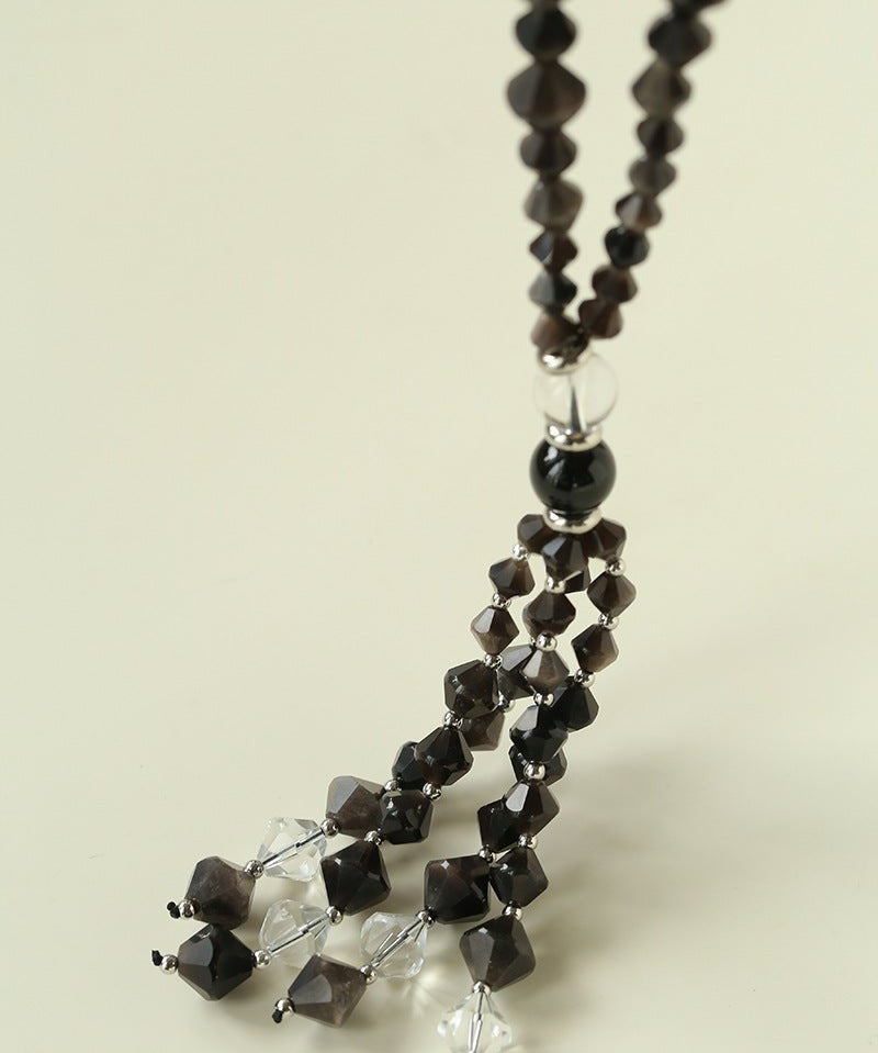 Obsidian & White Crystal Tassel Long Necklace - floysun
