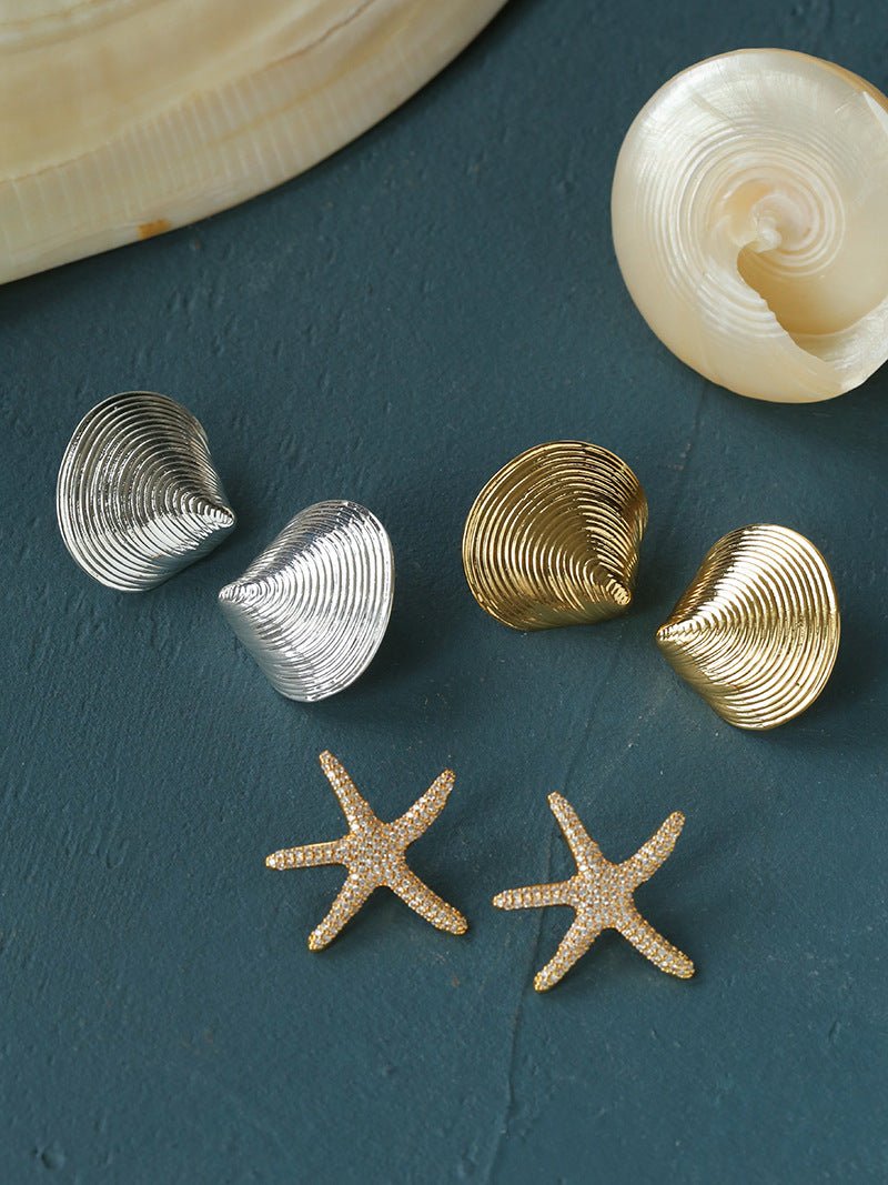 Ocean Style Shell & Paved Starfish Stud Earrings - floysun