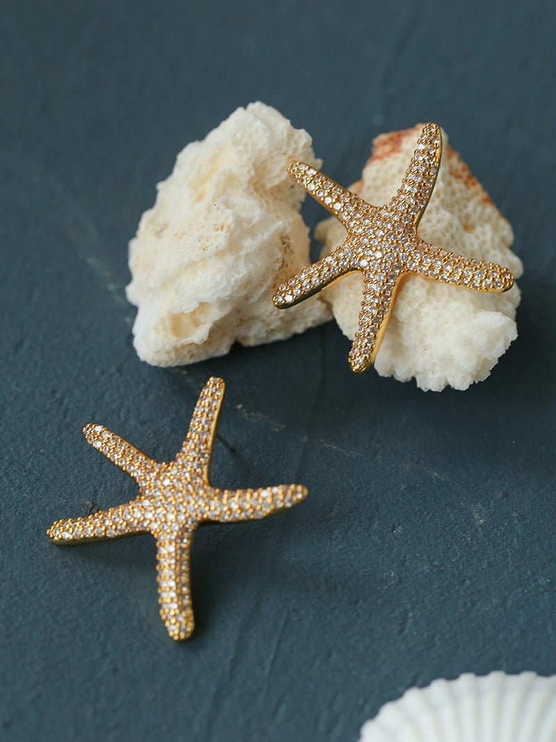 Ocean Style Shell & Paved Starfish Stud Earrings - floysun