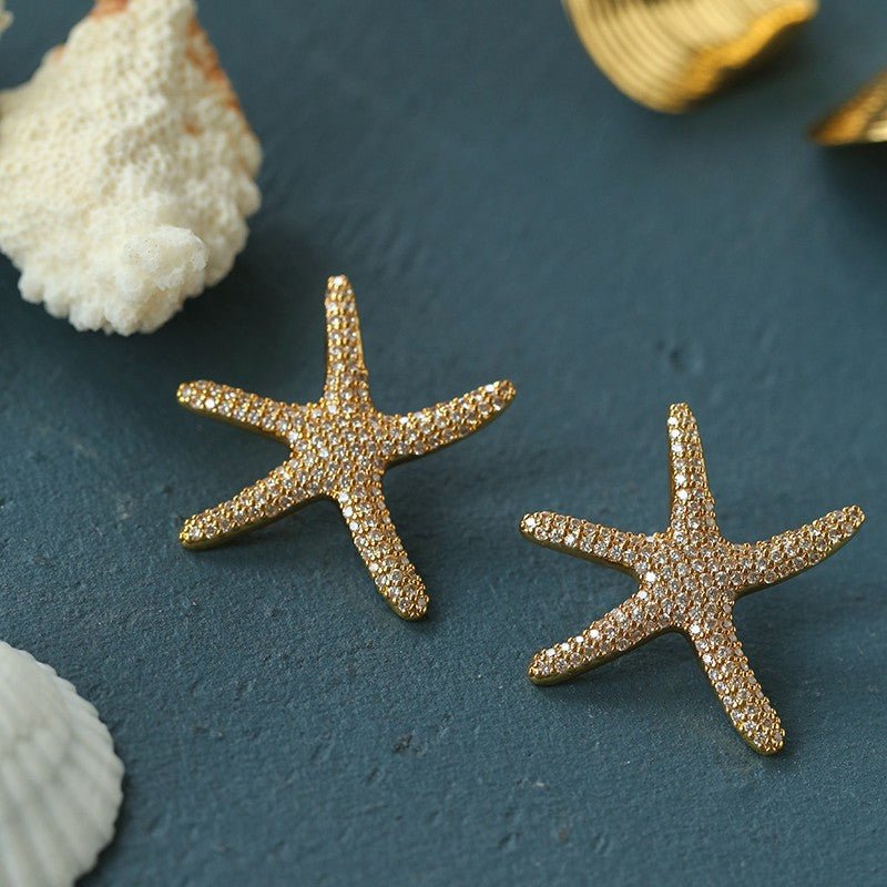 Ocean Style Shell & Paved Starfish Stud Earrings - floysun