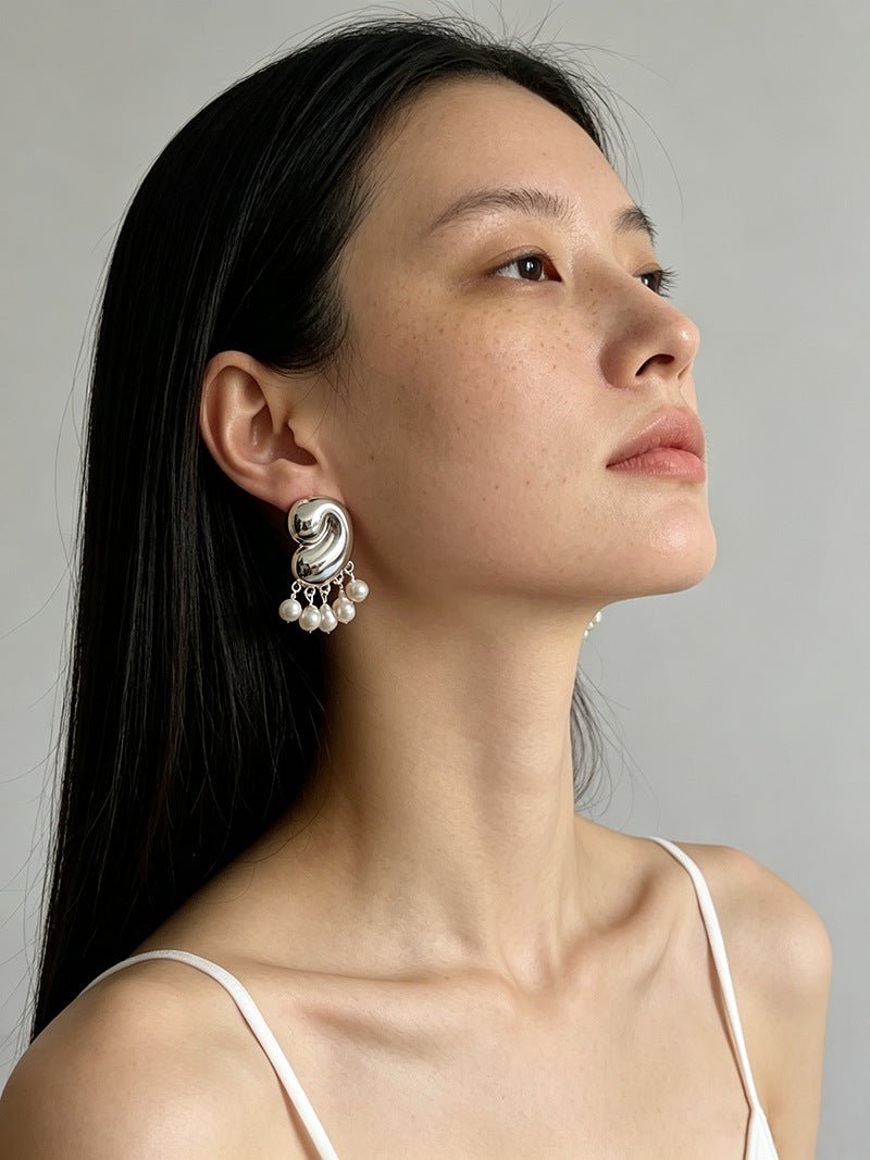 Ocean Style Spiral Shell Freshwater Pearl Tassel Earrings - floysun