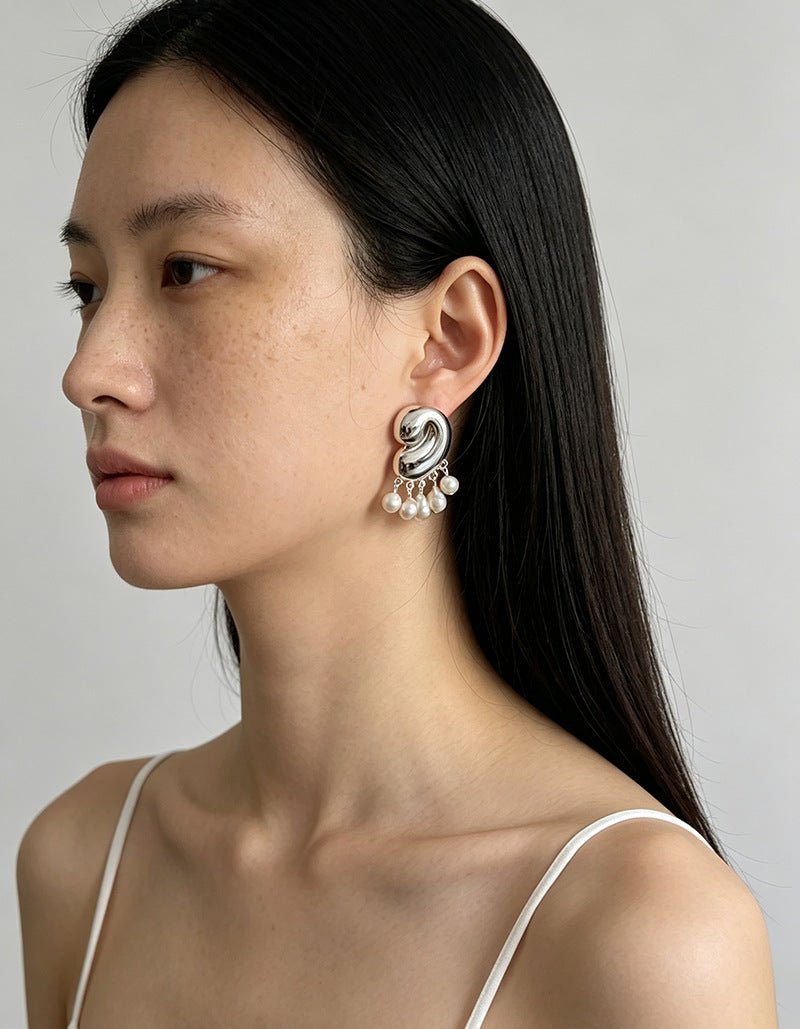 Ocean Style Spiral Shell Freshwater Pearl Tassel Earrings - floysun