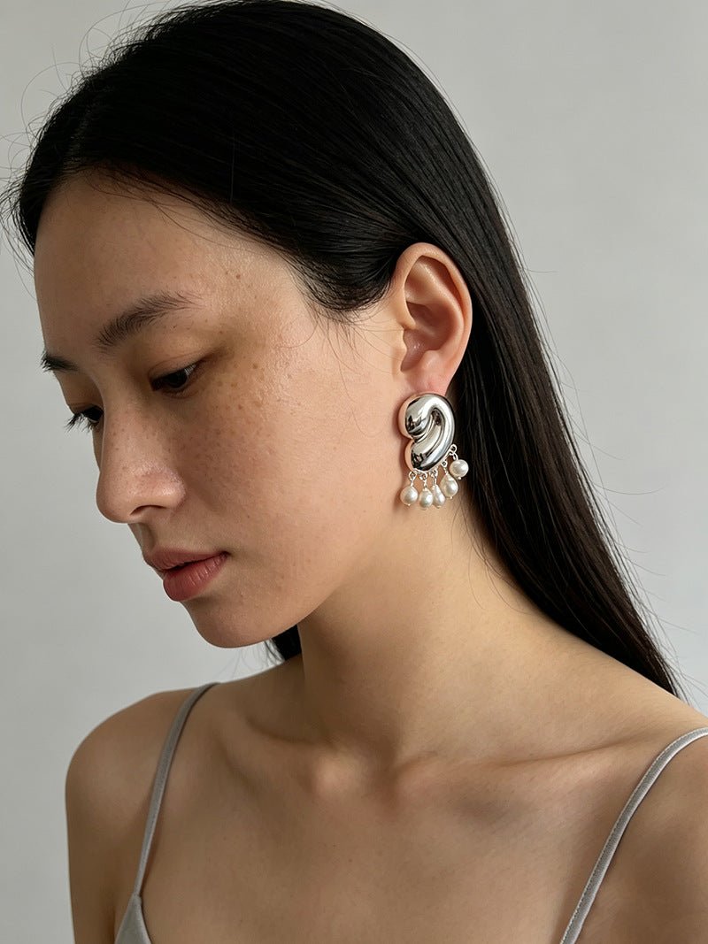 Ocean Style Spiral Shell Freshwater Pearl Tassel Earrings - floysun