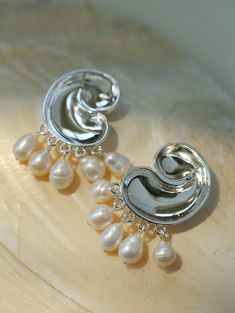 Ocean Style Spiral Shell Freshwater Pearl Tassel Earrings - floysun