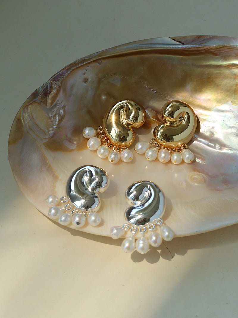 Ocean Style Spiral Shell Freshwater Pearl Tassel Earrings - floysun