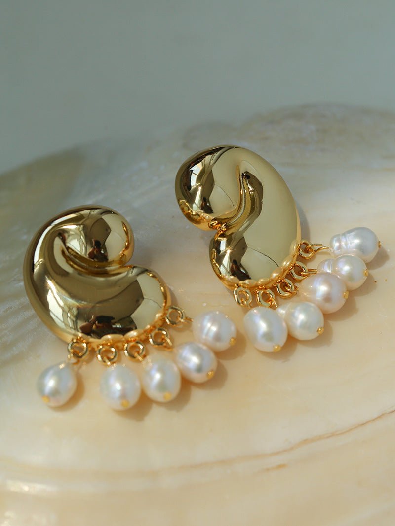 Ocean Style Spiral Shell Freshwater Pearl Tassel Earrings - floysun