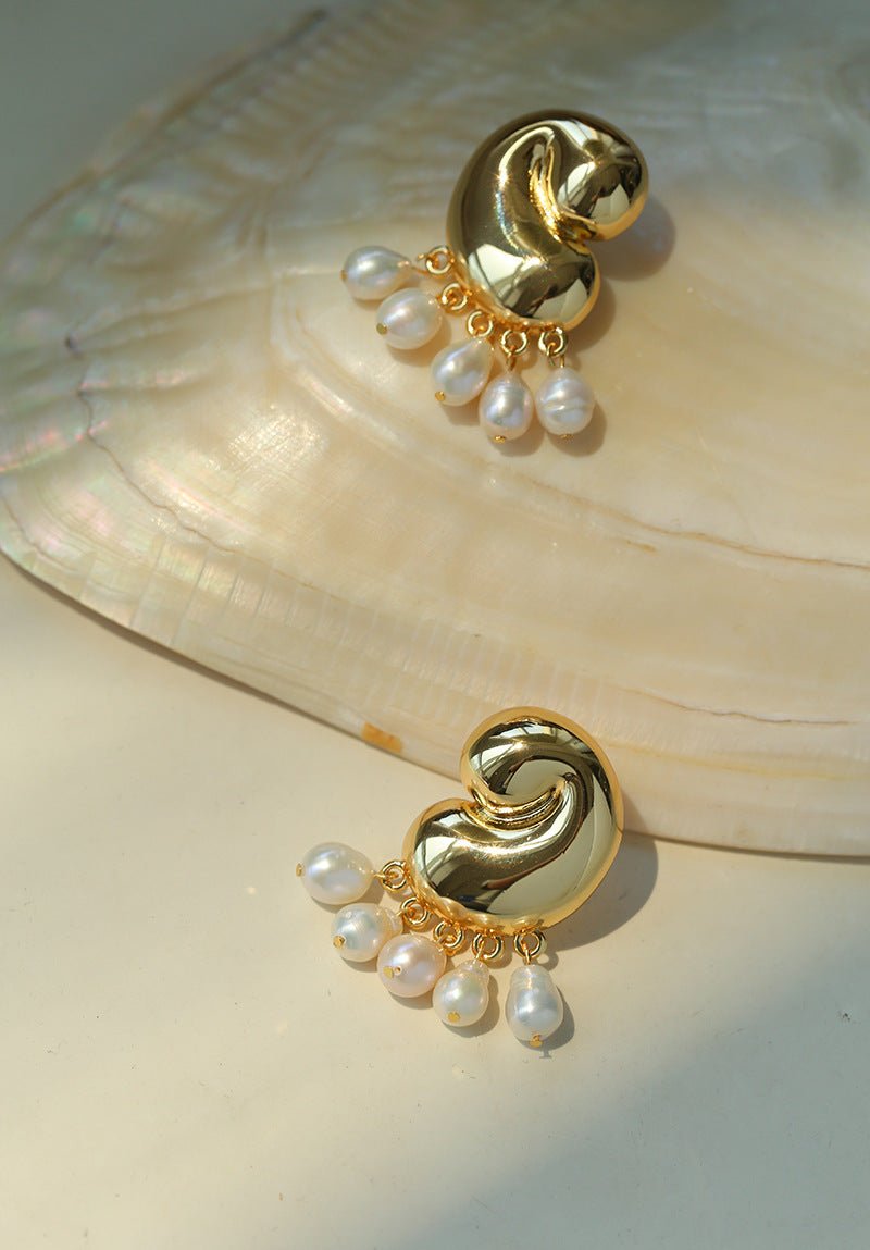 Ocean Style Spiral Shell Freshwater Pearl Tassel Earrings - floysun