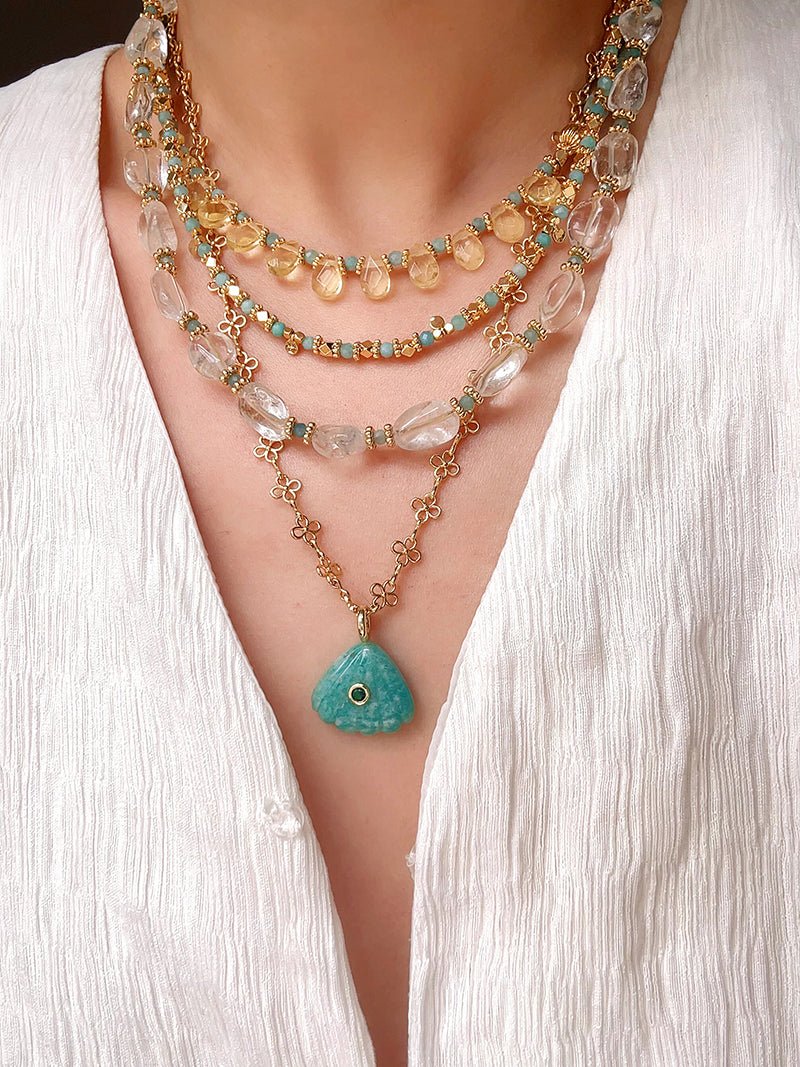 Oceanic Treasure Pendant | Vintage Lace Chain & Carved Amazonite Shell - floysun