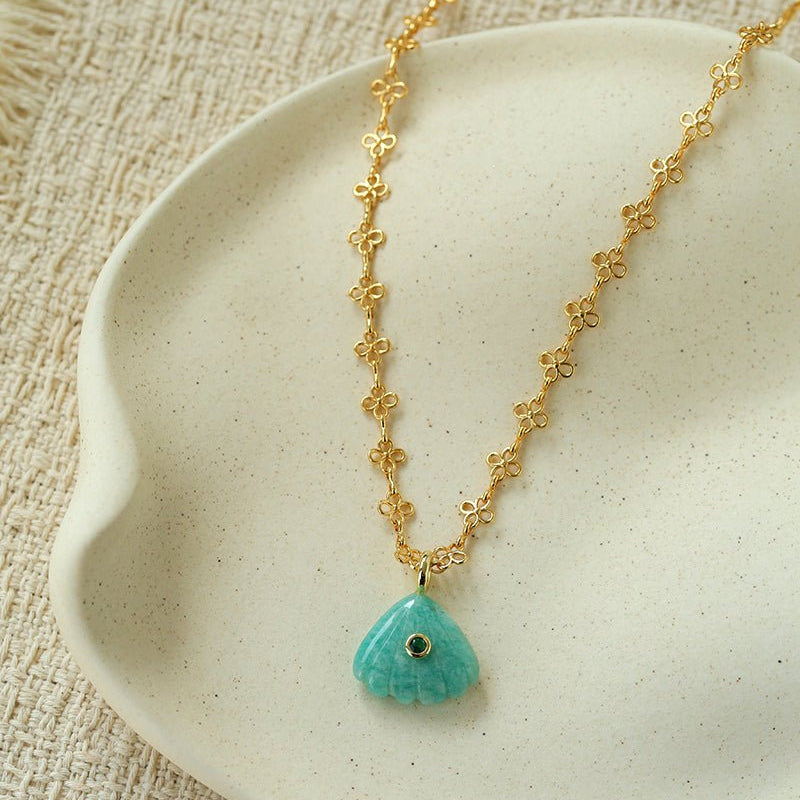 Oceanic Treasure Pendant | Vintage Lace Chain & Carved Amazonite Shell - floysun