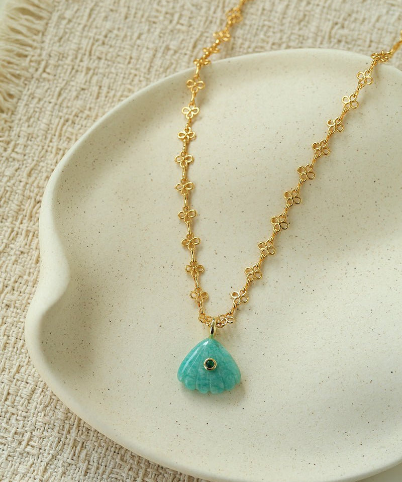 Oceanic Treasure Pendant | Vintage Lace Chain & Carved Amazonite Shell - floysun