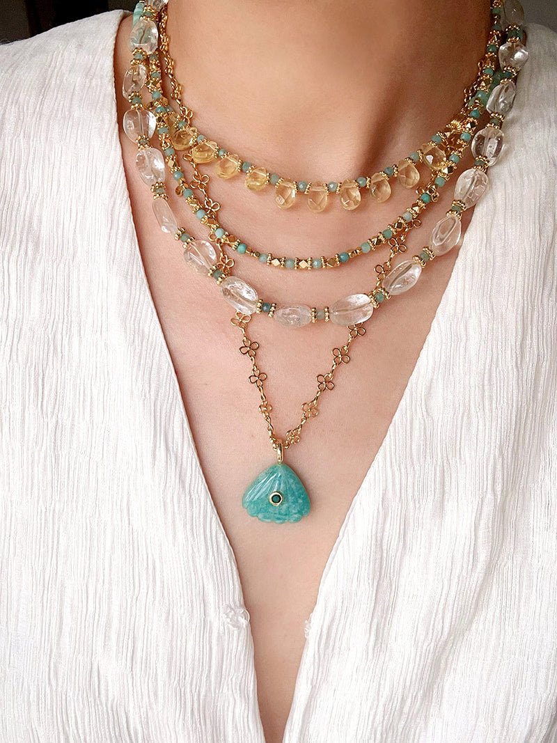 Oceanic Treasure Pendant | Vintage Lace Chain & Carved Amazonite Shell - floysun