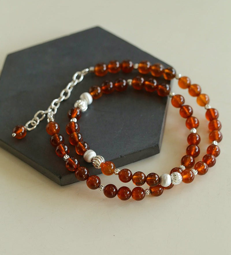 Orange Red Garnet Cat's Eye Silver Beaded Necklace - floysun