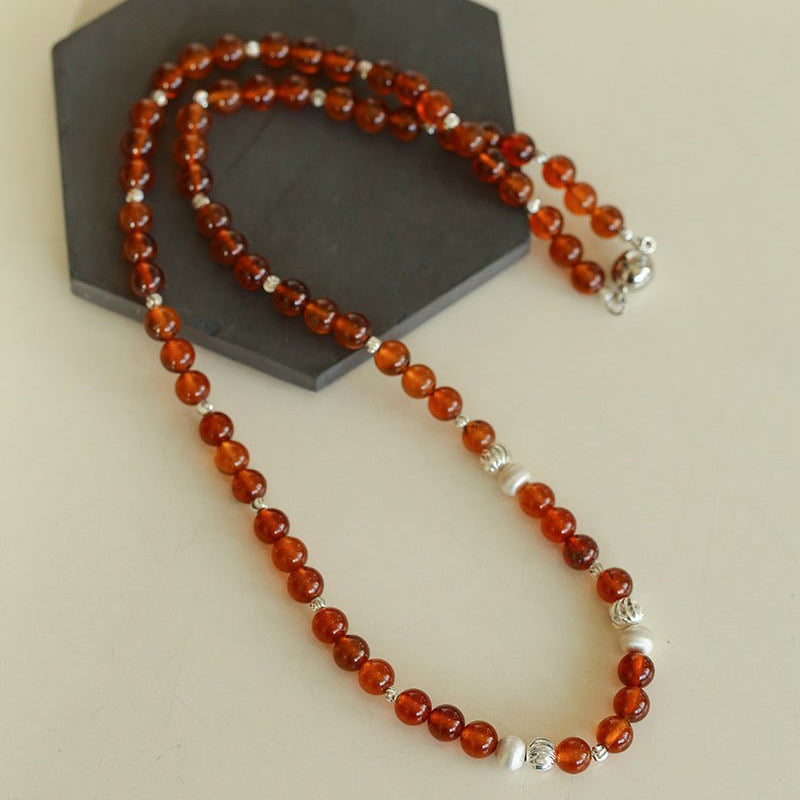 Orange Red Garnet Cat's Eye Silver Beaded Necklace - floysun