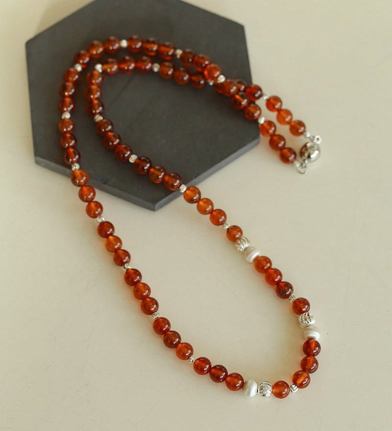 Orange Red Garnet Cat's Eye Silver Beaded Necklace - floysun