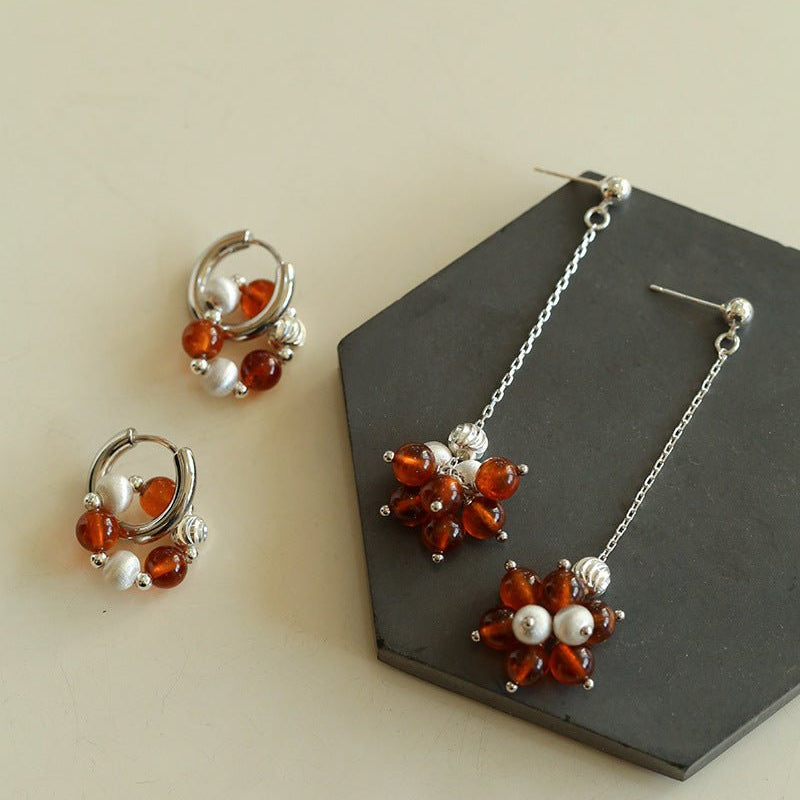 Orange Red Garnet Silver Hoops Earrings Long Drop Earrings - floysun