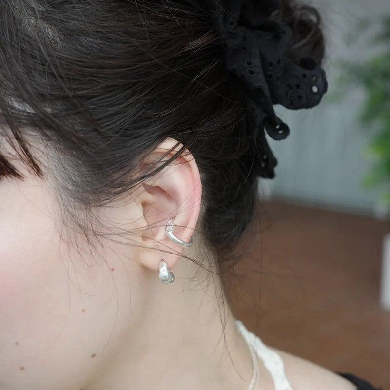 Organic Liquid Metal Ear Cuff - S925 Sterling Silver with Teardrop Zircon - floysun