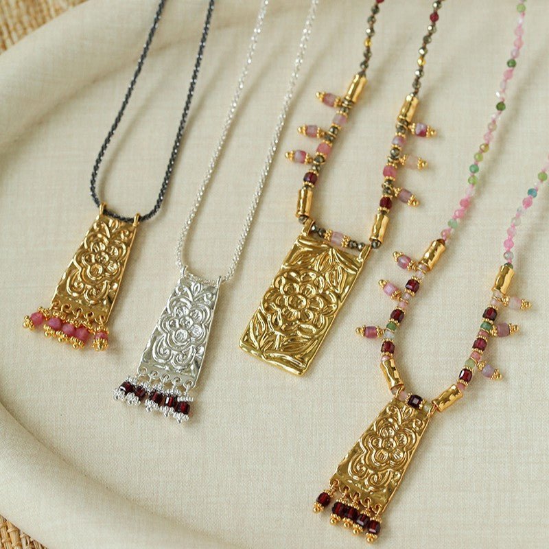 Oriental Chased Floral Rectangle Pendant Necklace - floysun