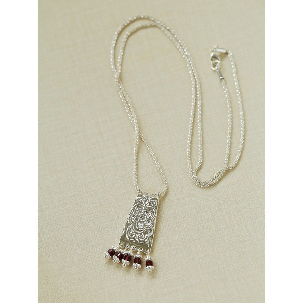Oriental Chased Floral Rectangle Pendant Necklace - floysun