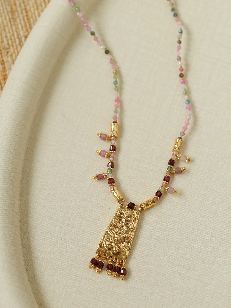 Oriental Chased Floral Rectangle Pendant Necklace - floysun